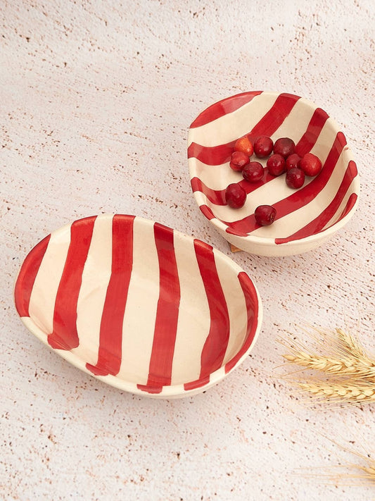Ceramic stripe  Bowl, Red  7x5x2 Inches