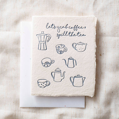 Grab Coffee + Spill Tea | Tea Set Coffee Mugs Greeting Card