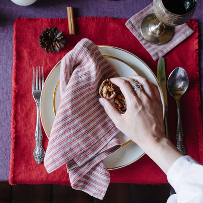 Red Natural Stripes Linen Napkins Set of 2