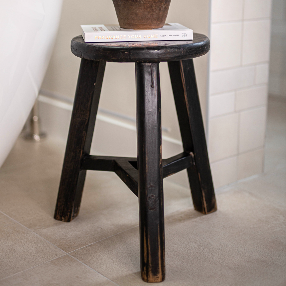 Vintage Elm Wood Round Stool Black