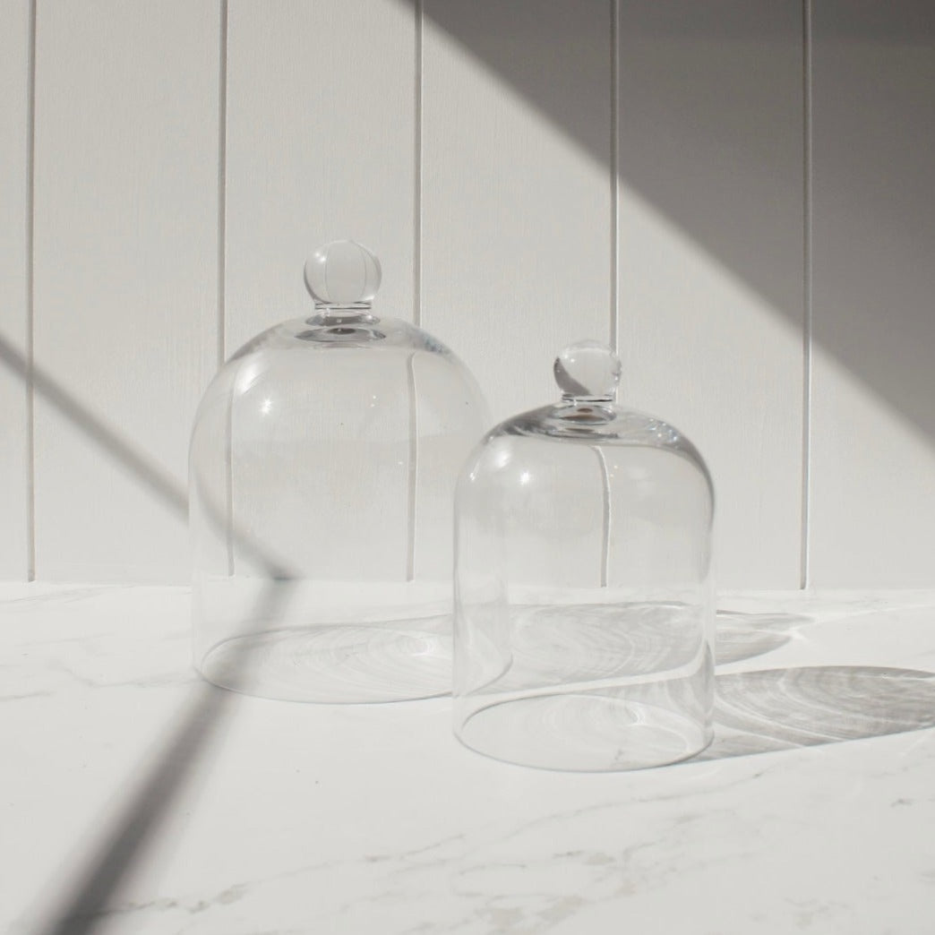 Mini Glass Dome pictured in front of small glass dome