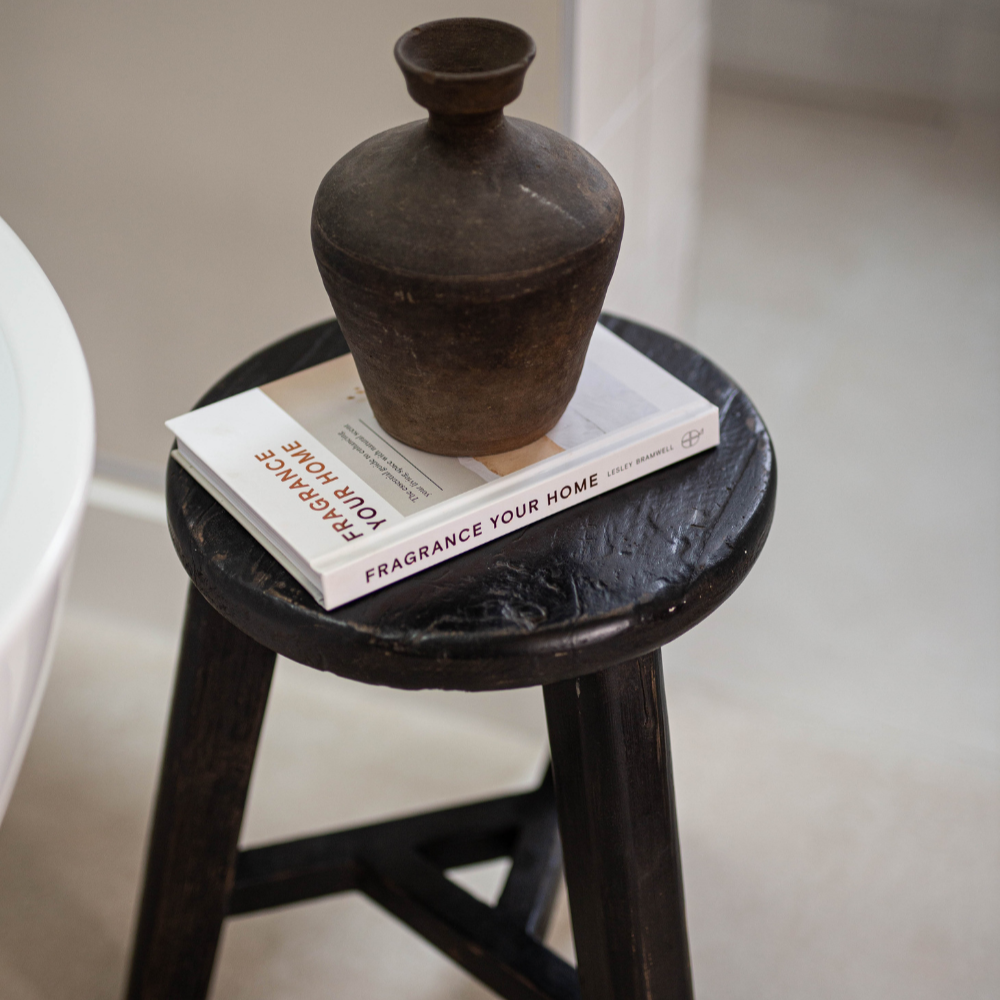 Vintage Elm Wood Round Stool Black