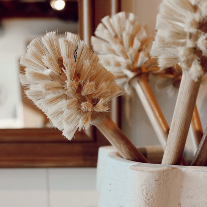 Bottle brushes bamboo in a jar in front of a mirror