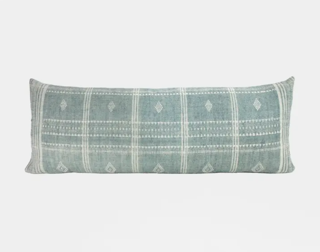 Lolita - Long Lumbar Blue Indian Wool Pillow Cover - Mist