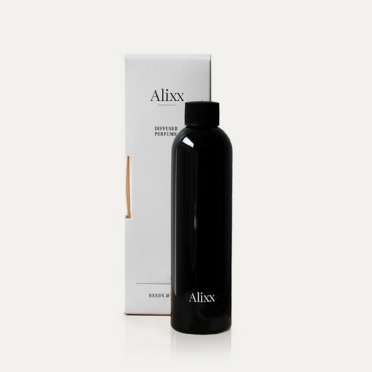 Heure du The Diffuser Refill by Alixx Candle. Black refill bottle pictured in front of white box it ocmes in